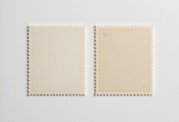 Two Blank Postage Stamps Isolated on White for Mail and Collecting Concepts Featuring Off-White and Beige Unused Stamps with Perforated Edges for Design Elements: Blank, Postage, Stamps, Isolated.