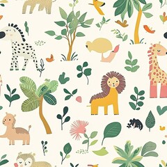Adorable Jungle Animals Seamless Pattern: Whimsical Wildlife Illustration for Kids