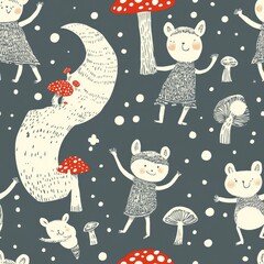 Enchanted Forest: Playful Creatures and Mushrooms Seamless Pattern