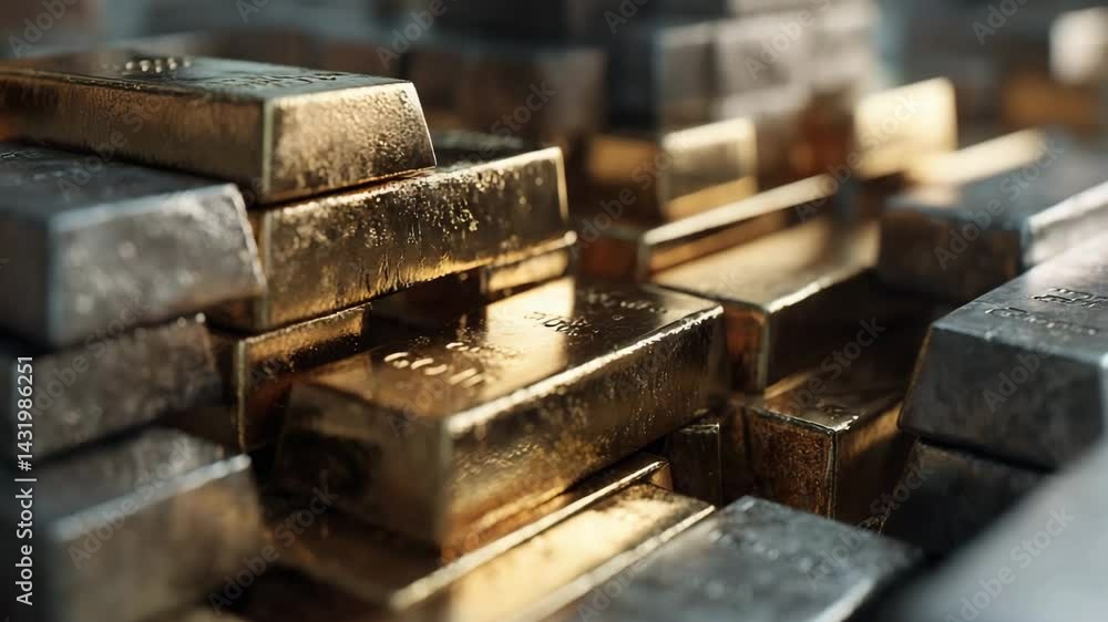 Poster Stacked Gold Bars with Shimmering Effect Captured in Close-Up with Motion Light Glint in Stunning 4K Quality