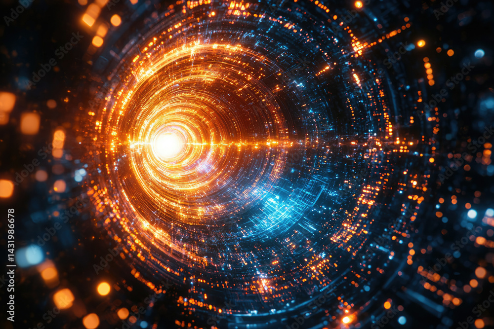 Poster abstract digital tunnel with glowing orange and blue lights, creating a futuristic and vibrant scene