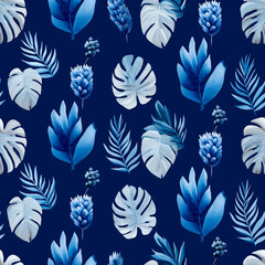 Fototapeta premium Vibrant seamless pattern featuring tropical leaves and flowers in shades of blue, perfect for creating a stylish and modern tile design, ideal for backgrounds and textiles, seamless background concept