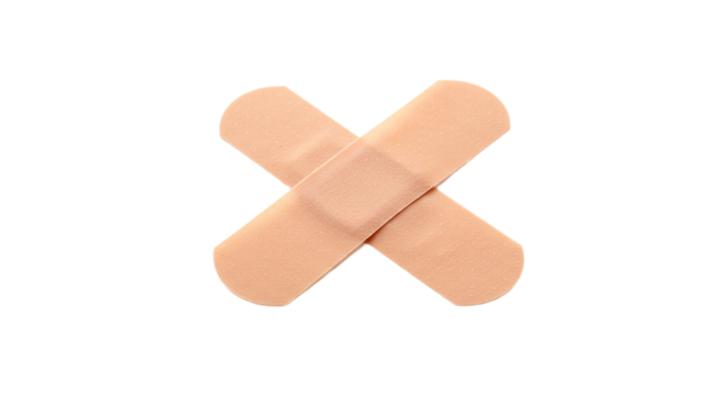 Two adhesive bandages crossed over each other on a black background in a simple studio shot photography transparent background