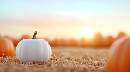 White Pumpkin in Hay Field at Sunset