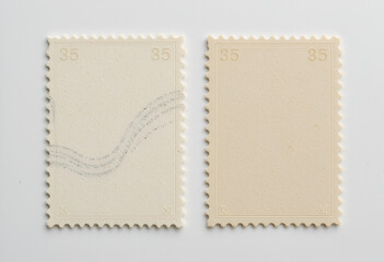 Two Blank Postage Stamps Isolated on White for Mail and Collecting Concepts Featuring Off-White and Beige Unused Stamps with Perforated Edges for Design Elements: Blank, Postage, Stamps, Isolated.
