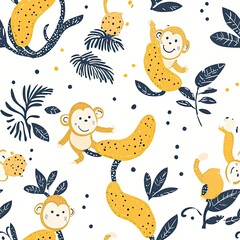 Adorable Monkeys Playing Amidst Bananas and Tropical Foliage: A Delightful Jungle Pattern