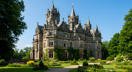 Obraz premium Majestic Gothic Castle Surrounded by Lush Gardens on a Sunny Day