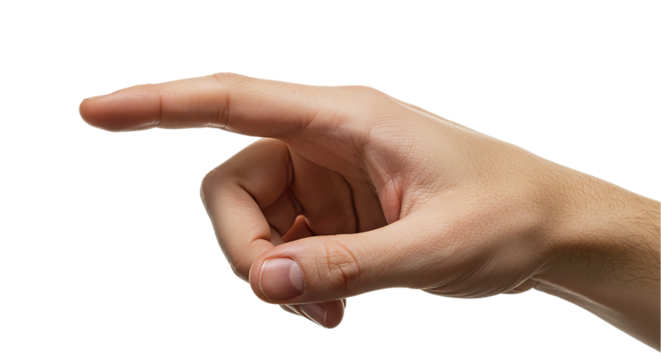 A hand with the index finger extended pointing towards the left on a black isolated background space photography transparent background