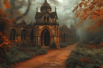 Enchanted Gothic Gateway in a Misty Autumn Forest
