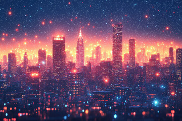 Fototapeta premium A vibrant cityscape at night, illuminated by countless lights under a starry sky.