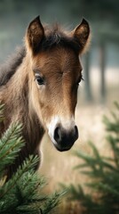 Obraz premium Young pony gazes curiously through pine trees in a misty meadow during early morning light