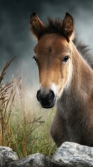 Fototapeta premium Young horse stands in a misty meadow surrounded by tall grass and rocks during early morning light