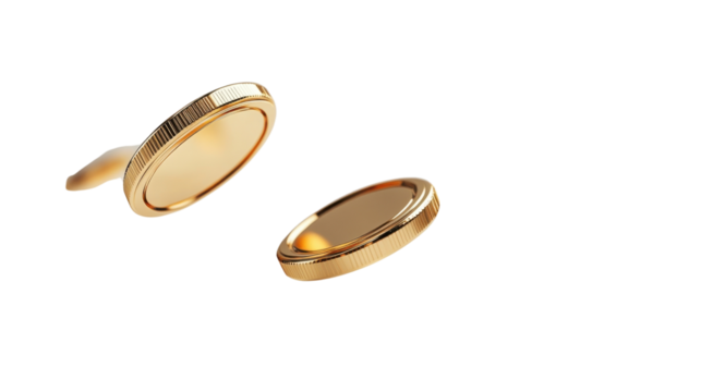 Floating golden coins in motion isolated on white transparent background