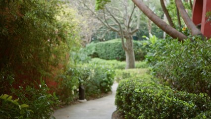 Blurred pathway in tropical resort garden with lush greenery and soft bokeh, creating a peaceful, serene outdoor atmosphere in a luxury hotel setting.