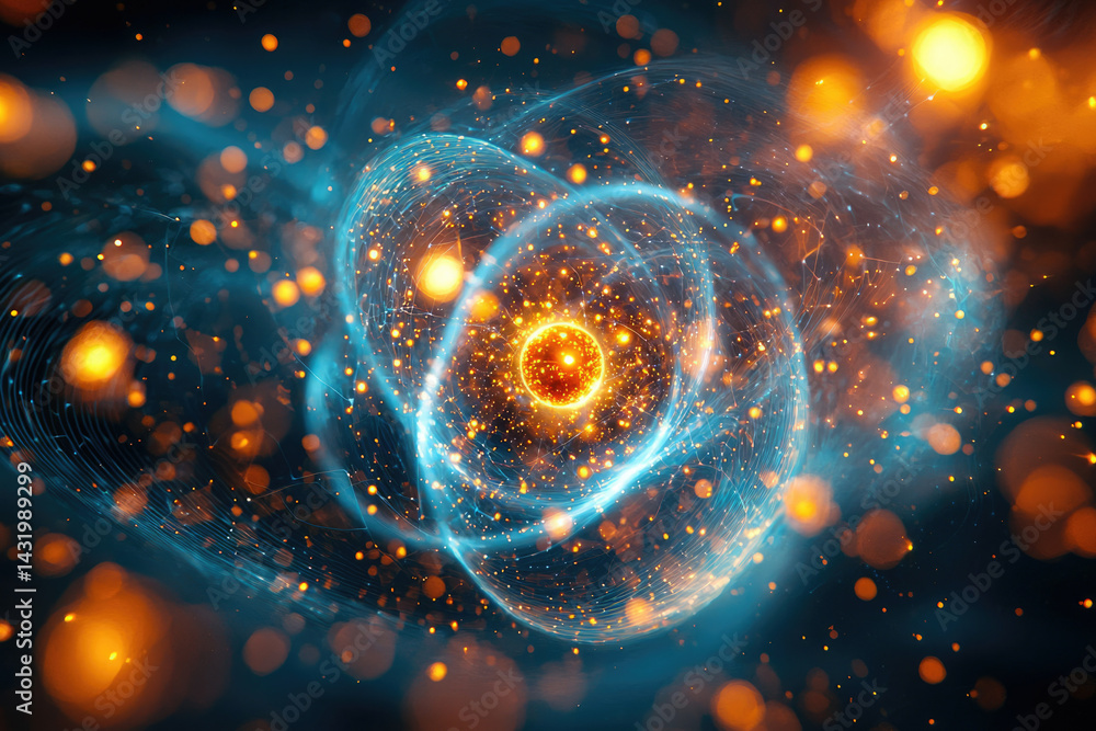 Aufkleber abstract depiction of an atom or celestial body with glowing particles and energy fields.
