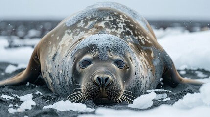 Massive elephant seal resting on an icy beach its deep wrinkled skin textured with years of survival