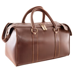 A classic brown leather duffel bag with dual handles and a zipper closure, designed for travel or gym use, set against a white background.