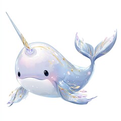 Fototapeta premium Cute narwhal illustration with pastel colors swimming in a magical ocean setting