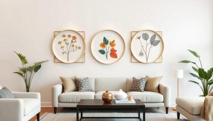 Living room with framed botanical art