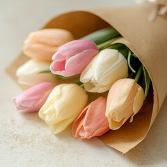 Elegant bouquet of colorful tulips wrapped in brown paper on a light surface