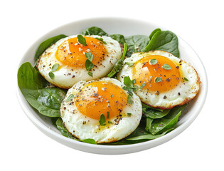 Fried eggs on spinach healthy breakfast kitchen natural light top view isolated on transparent background