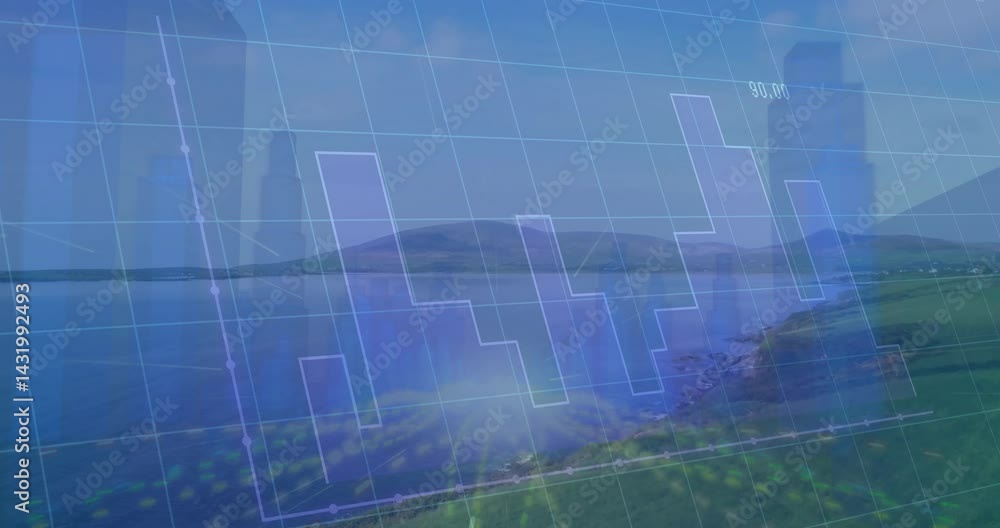 Poster translucent blue data animating over coastal landscape, showing grid lines, bar charts, line plot