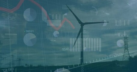 Wind turbine powering rural landscape, overlaying finance charts and energy graphics in flat design - Powered by Adobe