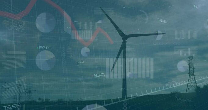 Wind turbine powering rural landscape, overlaying finance charts and energy graphics in flat design - Powered by Adobe