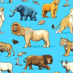 Naklejka premium Vibrant Seamless Pattern Featuring Diverse Wild Animals: Lions, Tigers, Elephants, and More on a Blue Background