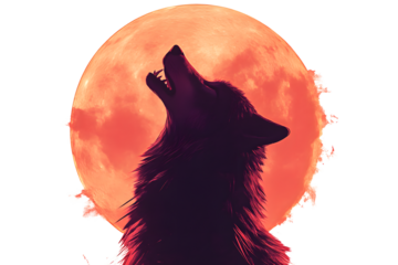 Howling Wolf Silhouette Against a Fiery Red Moon Wildlife Artwork for Nature and Fantasy Theme