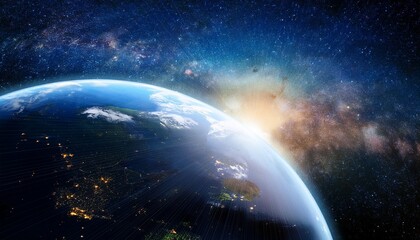planet earth with appearing sunlight on space background with stars