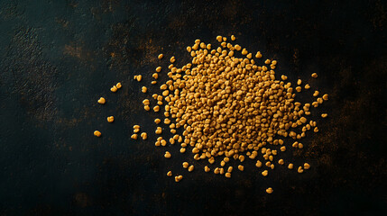 Whole fenugreek seeds in soft yellow tones arranged in a unique pile on a dark surface, highlighting their earthy texture and distinct irregularity.