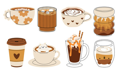 Set of cute Coffee Cups with Latte Art. Collection of coffee drinks with variety latte art heart, leaf, bear, cat, Flower. Cafe Bar or Coffee House Graphics. Vector Illustration, Icons. Isolated