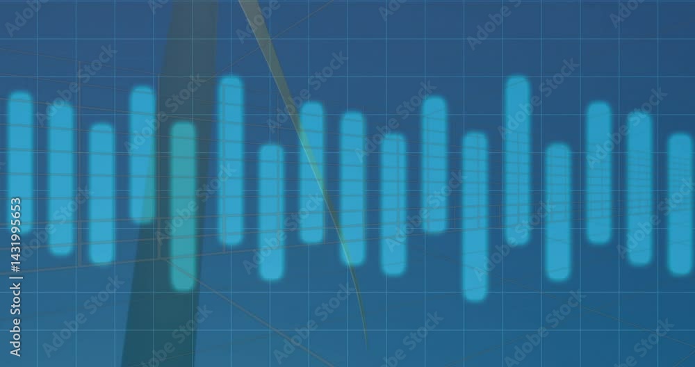 Poster abstract bar chart displaying on blue grid, showing glowing bars, wireframe lines and planes