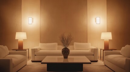 Modern minimalist living room, evening lighting, calm ambiance, hotel lobby