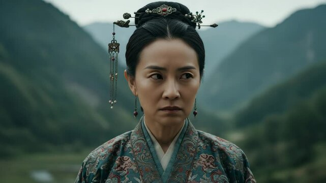Asian woman with a stern mood narrowing her gaze, wearing embroidered silk robe, against a blurred mountain valley background