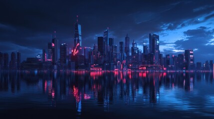 Obraz premium Neon City Skyline Reflecting on Water at Dusk