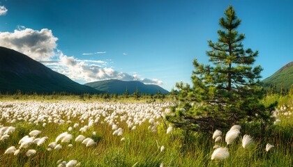 Fototapeta premium pine tree growing in eriophorum alaska cotton grass on a sunny summer day on the alaska highway between delta junction and tok alaska