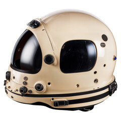 A modern, high-tech white astronaut helmet with black and orange detailing, designed for space exploration, featuring a dark visor and integrated communication equipment.