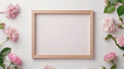 Horizontal wooden frame with pastel pink center and blush rose flowers, elegant flat lay with copy space for design, soft romantic floral layout on light background

