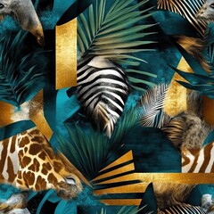 Exotic Wildlife Tropical Paradise:  Geometric Gold Accents & Vibrant Teal Leaves, Zebras, Giraffes, and Birds