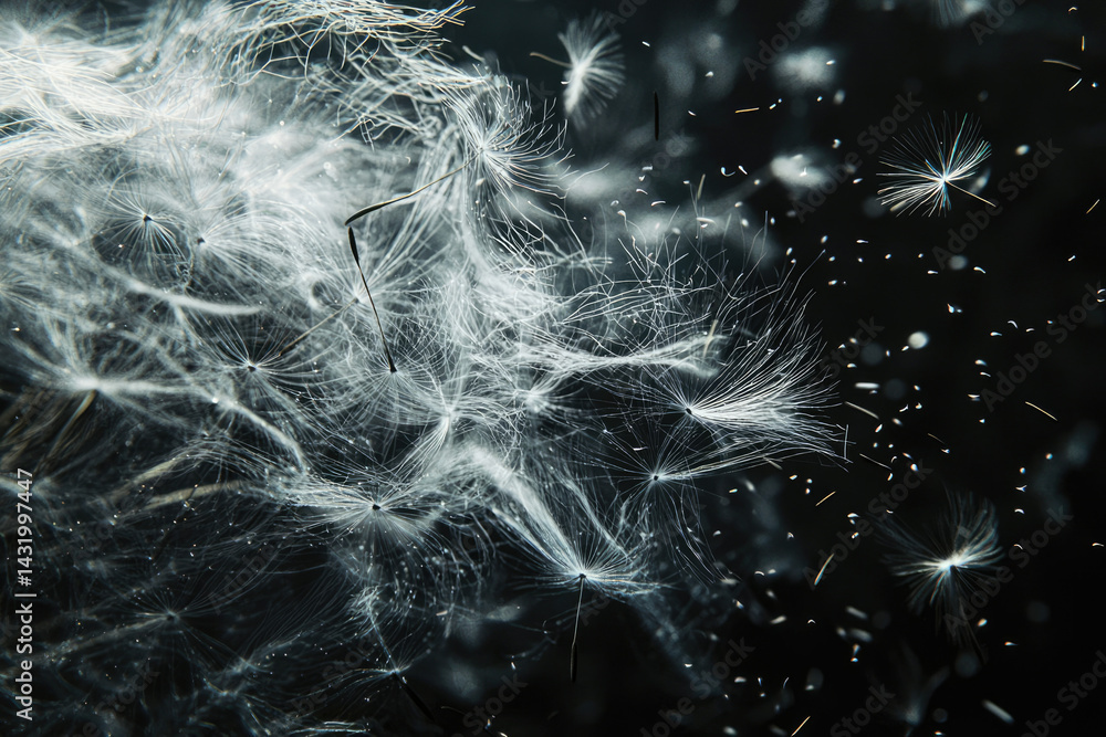 Poster delicate dandelion seeds disperse in the wind, creating a ethereal, wispy cloud against a dark backg