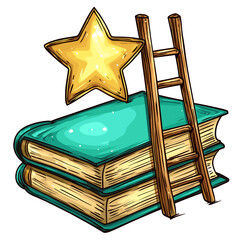Cartoon vector illustration of a ladder leaning against a giant book leading up to a shining star on white background