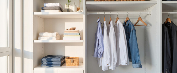 Minimalist closet organization with neatly stacked shirts and jeans, modern design
