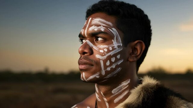 Close-up portrait of a young Indigenous Australian man with focused expression and tribal markings against a blurred outback background