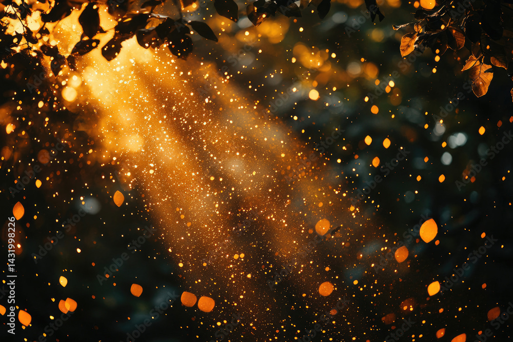 Aufkleber golden sunlight filtering through leaves, creating a magical, sparkling dust effect.