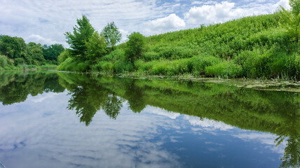 Landscape lake in the summer. Reflection of trees and sky in the water body