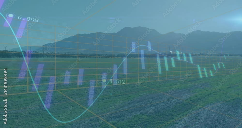 Poster open agricultural field showing digital grid overlay with floating purple bars plus blue line graph