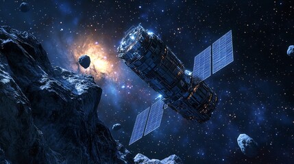 Futuristic Spacecraft Exploration Asteroid Field Cosmic Galaxy Science Fiction Digital Art Detailed Design Modern Technology Satellite Spacecraft     