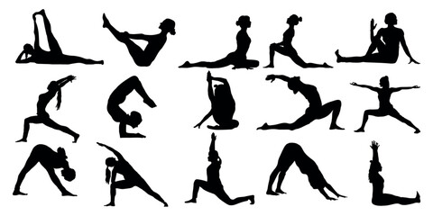 Silhouettes, Sport Women Silhouettes, Yoga, Collection, Yoga Pose, Vector Illustration.